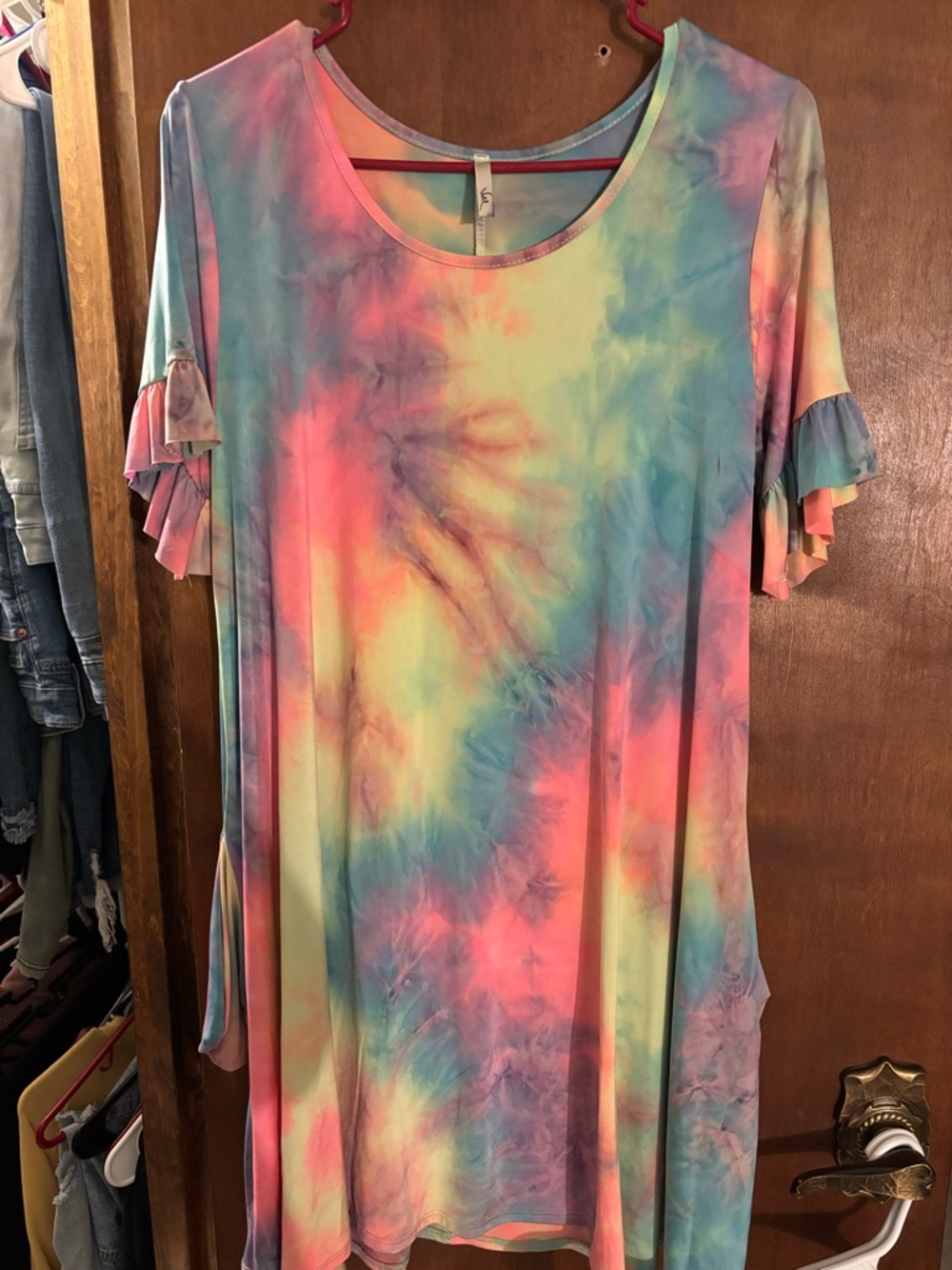 Tie-Dye Ruffle Sleeve Women’s Dress - Pastel Rainbow